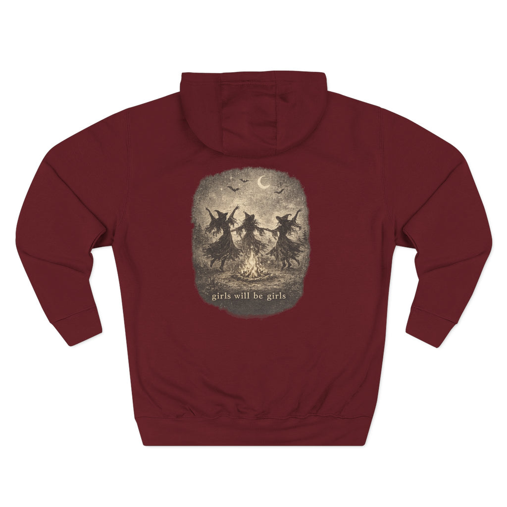 Witchy Trio Graphic Hoodie – 'Girls Will Be Girls' Vintage Moonback Sweatshirt