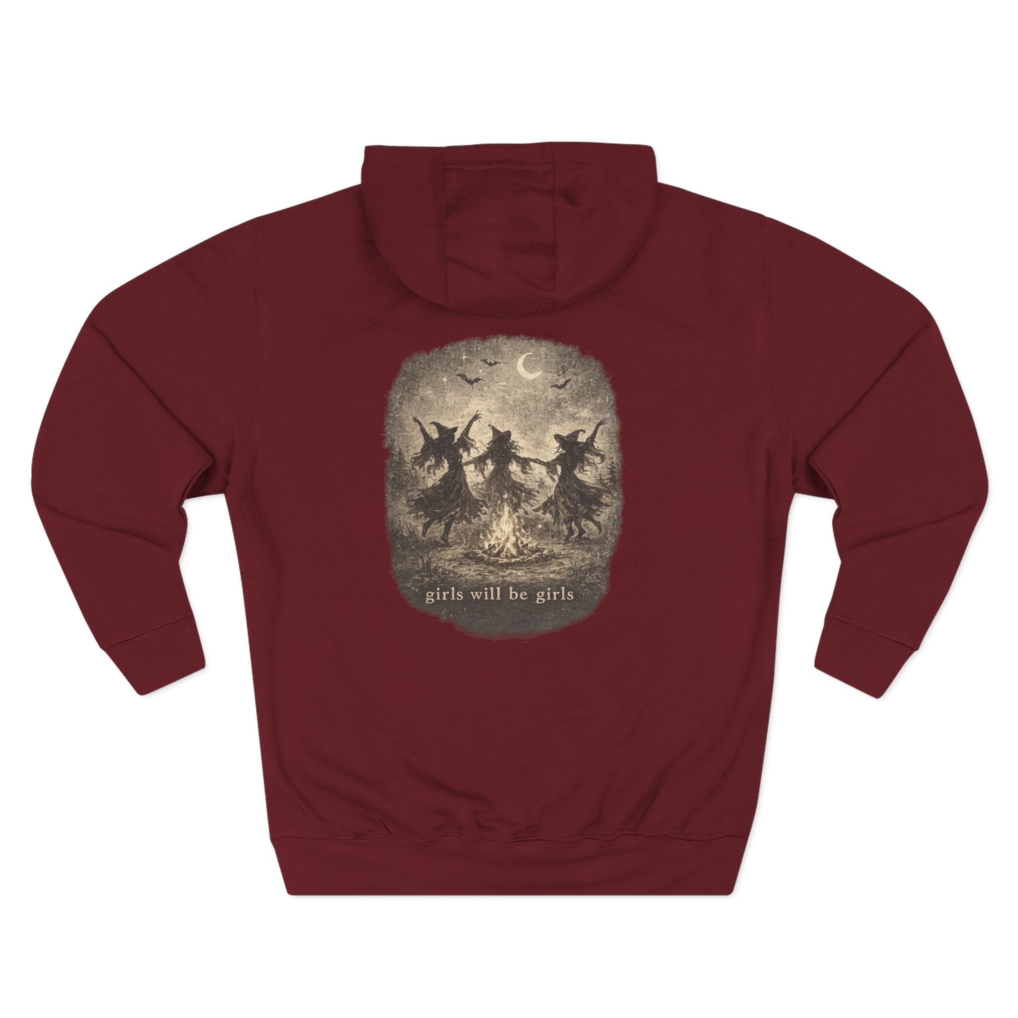 Witchy Trio Graphic Hoodie – 'Girls Will Be Girls' Vintage Moonback Sweatshirt