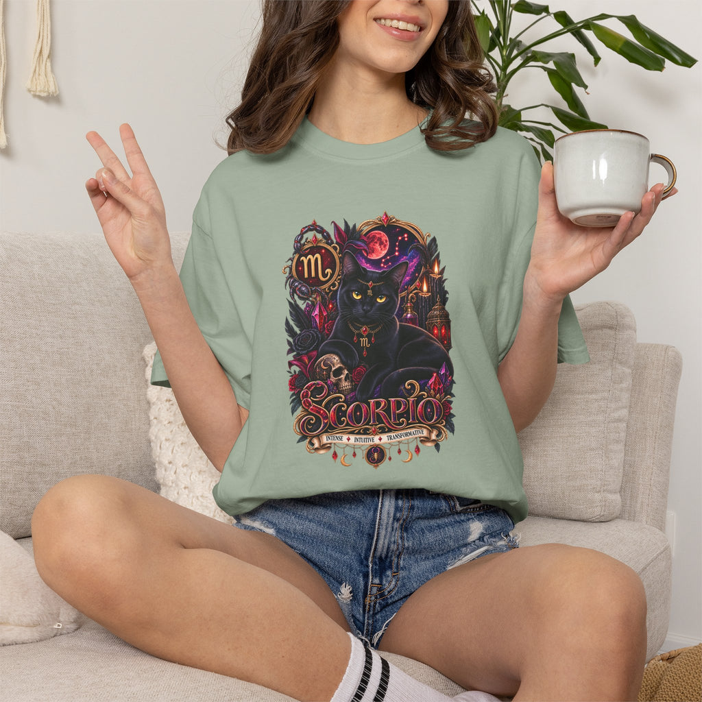 Scorpio Black Cat Zodiac T-Shirt — Dark Mystical Scorpio Graphic Tee