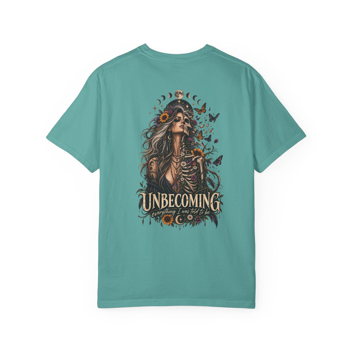 Unbecoming Gothic Moon T‑Shirt — Witchy Skeleton Art Tee