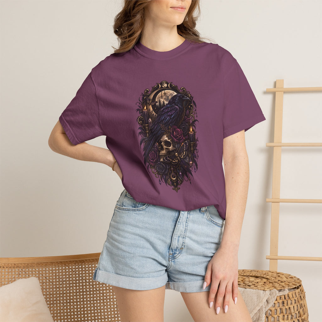 Skull & Crow Graphic Tee — Gothic Vintage Skull with Raven Design