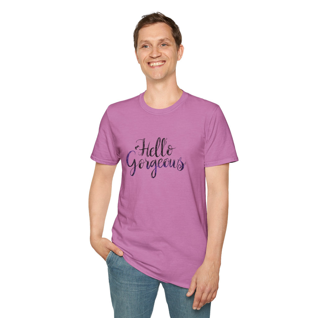 T-Shirt — "Hello Gorgeous" Purple Black Script Graphic Tee