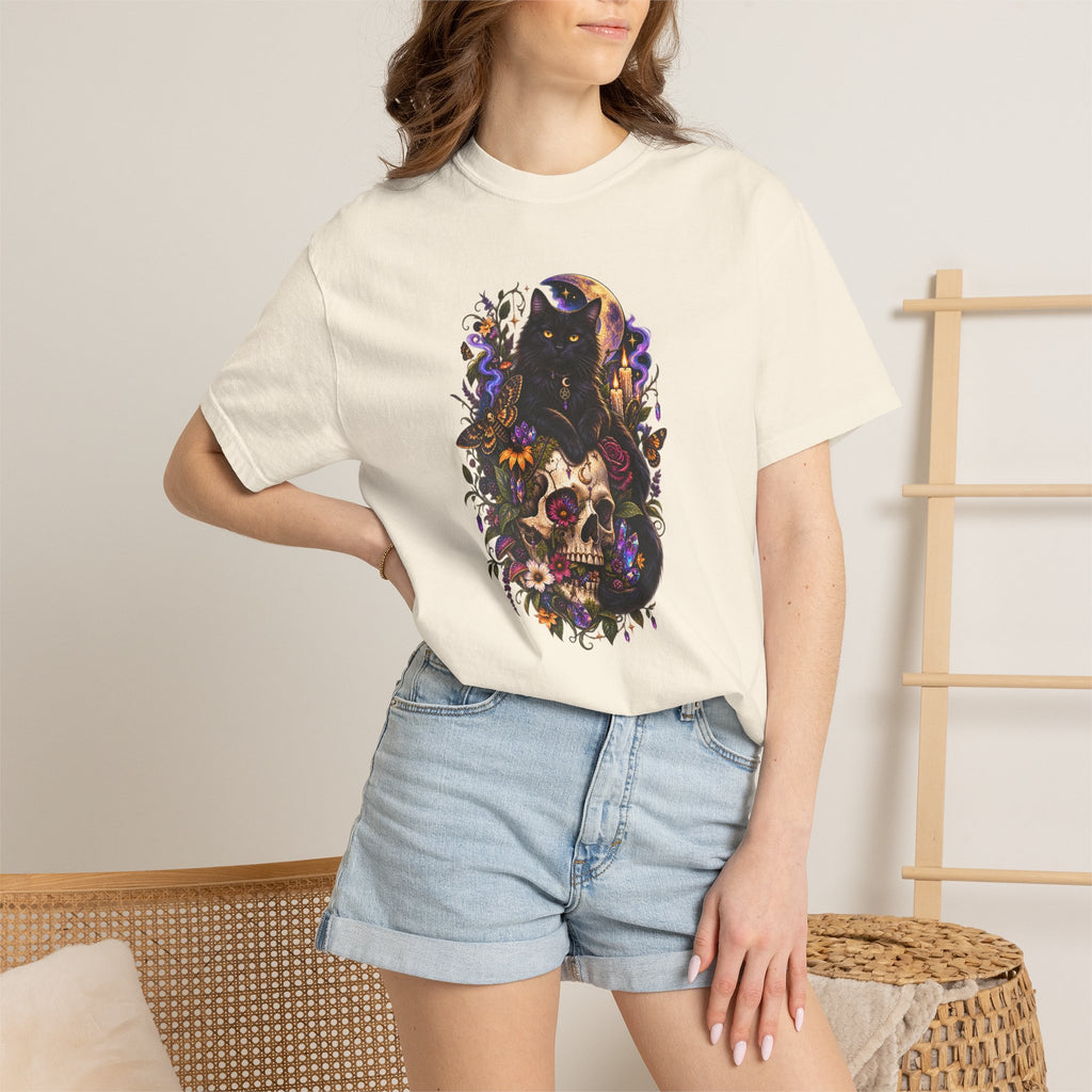 Skull & Black Cat Gothic T-Shirt — Dark Floral Day of the Dead Style