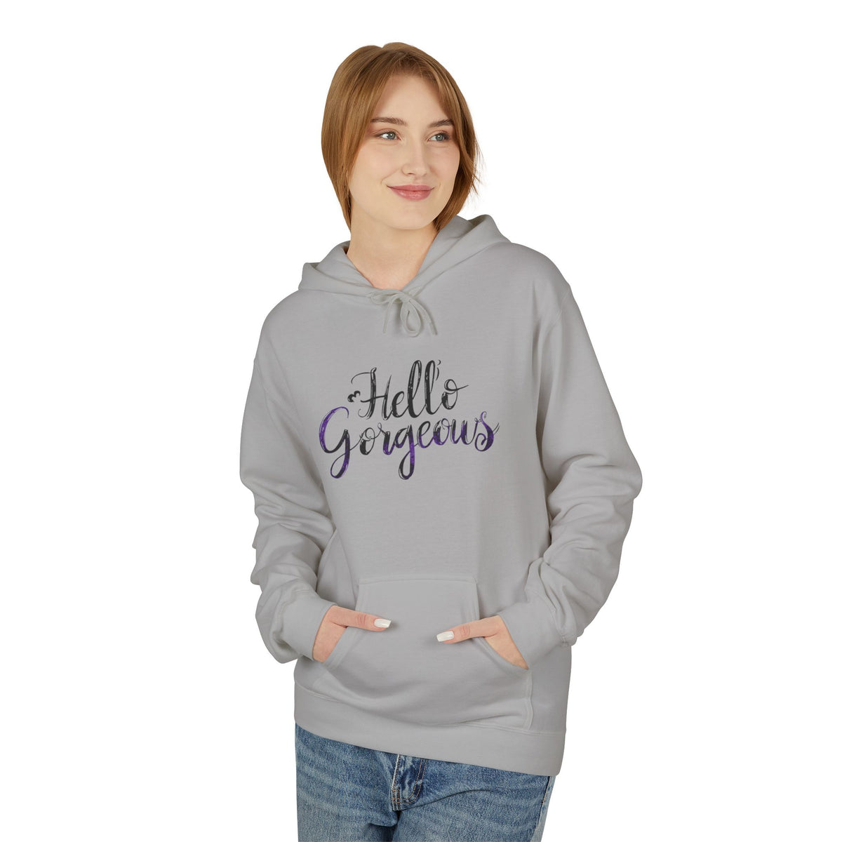 Hello Gorgeous Hoodie — Feminine Script Pullover for Women, Cute Gift for Friends & Self-Care