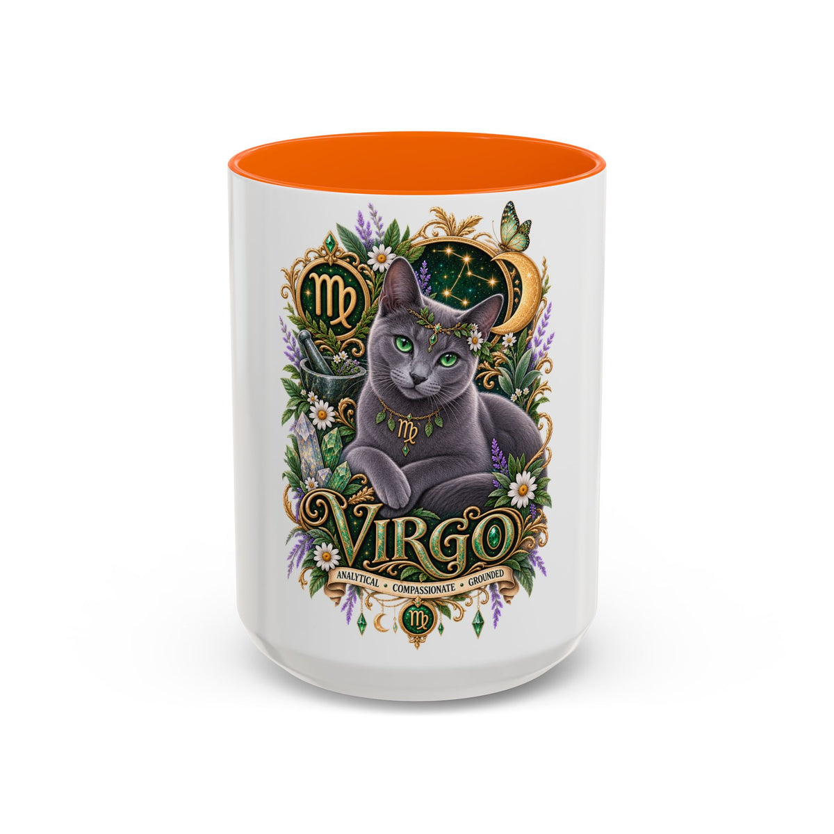 Virgo Russian Blue Cat Accent Coffee Mug — Zodiac Astrology Horoscope Gift (11/15 oz)
