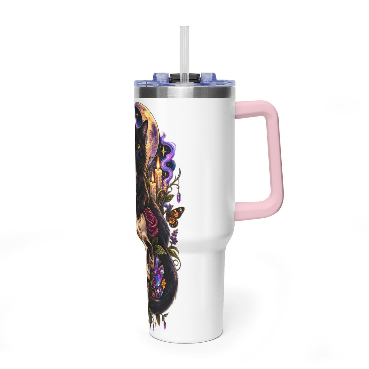 40oz Cat & Skull Thermal Tumbler – Gothic Floral Insulated Travel Mug
