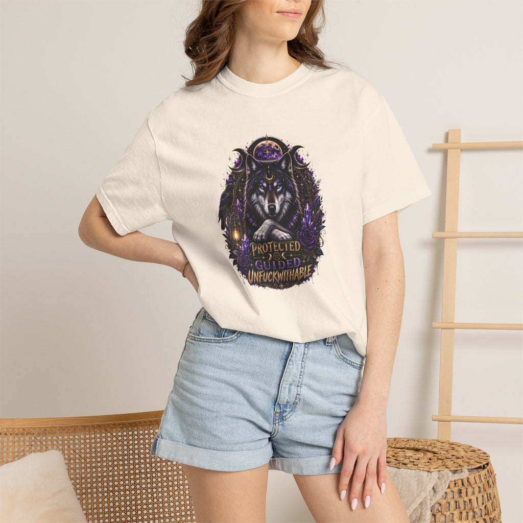 Protector Wolf T-Shirt — "Protected, Guided, Unfuckwithable" Spiritual Graphic Tee