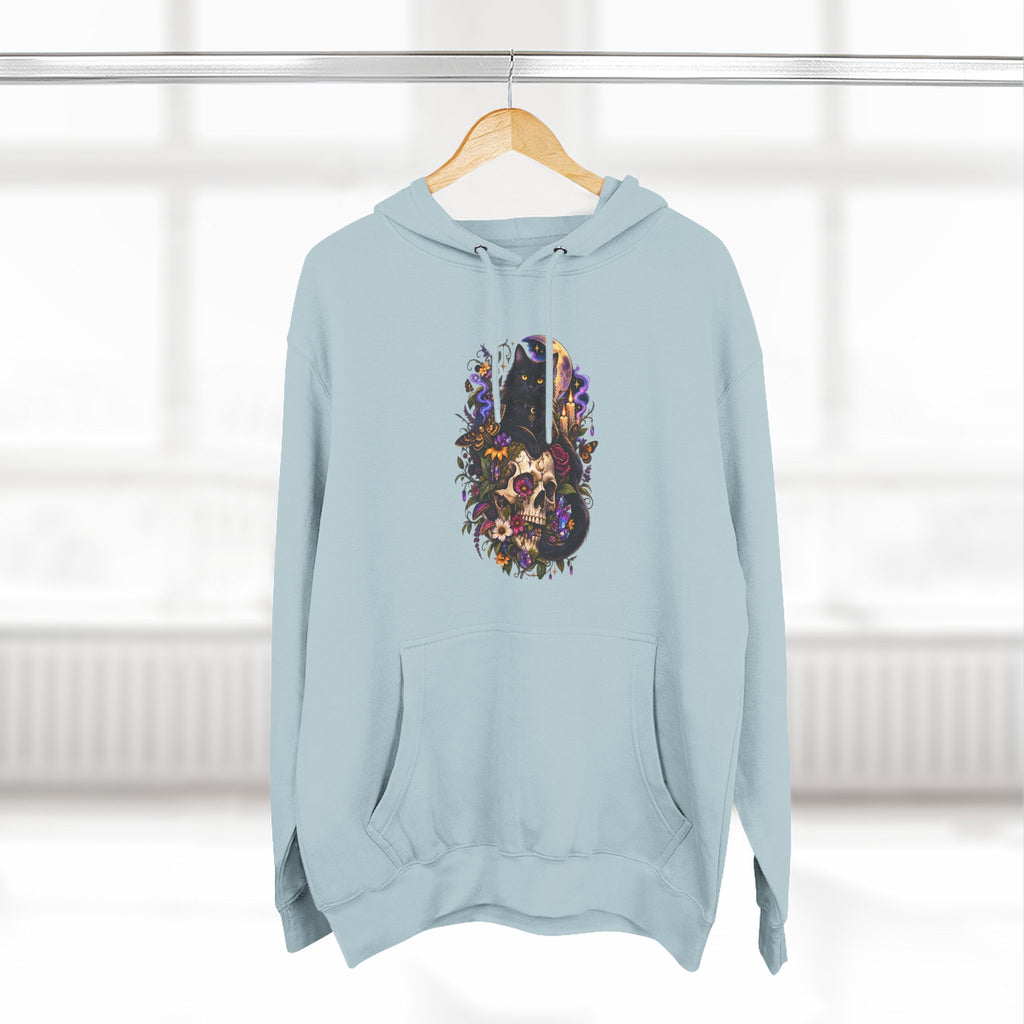 Skull Black Cat Hoodie — Romantic Gothic Floral Skull Graphic Fleece Pullover