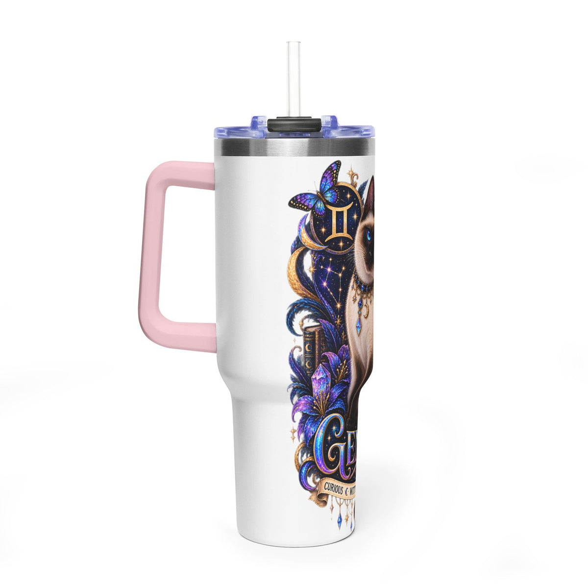 40oz Gemini Zodiac Tumbler — Siamese Cat Astrology Vacuum Thermal Cup