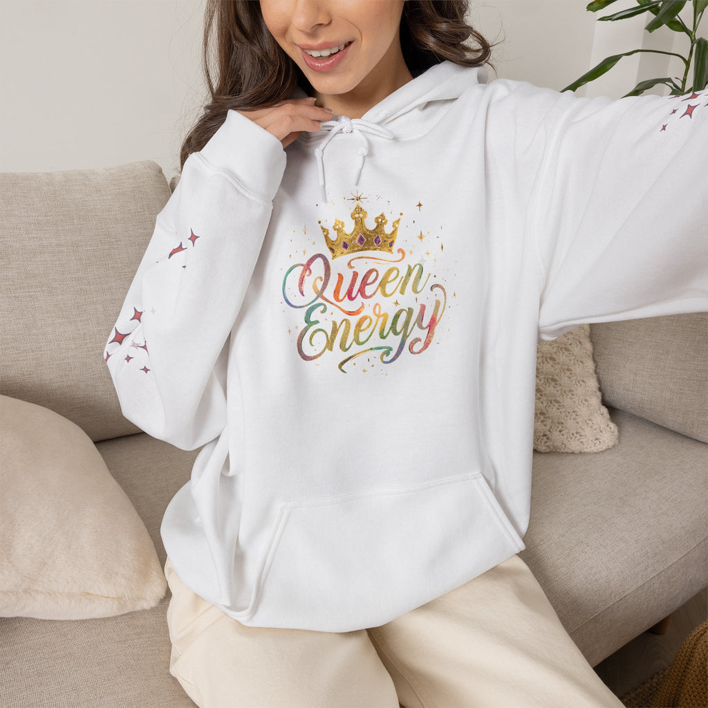 Queen Energy Hoodie — Feminine Crown Graphic Pullover with Star Sleeve Accents