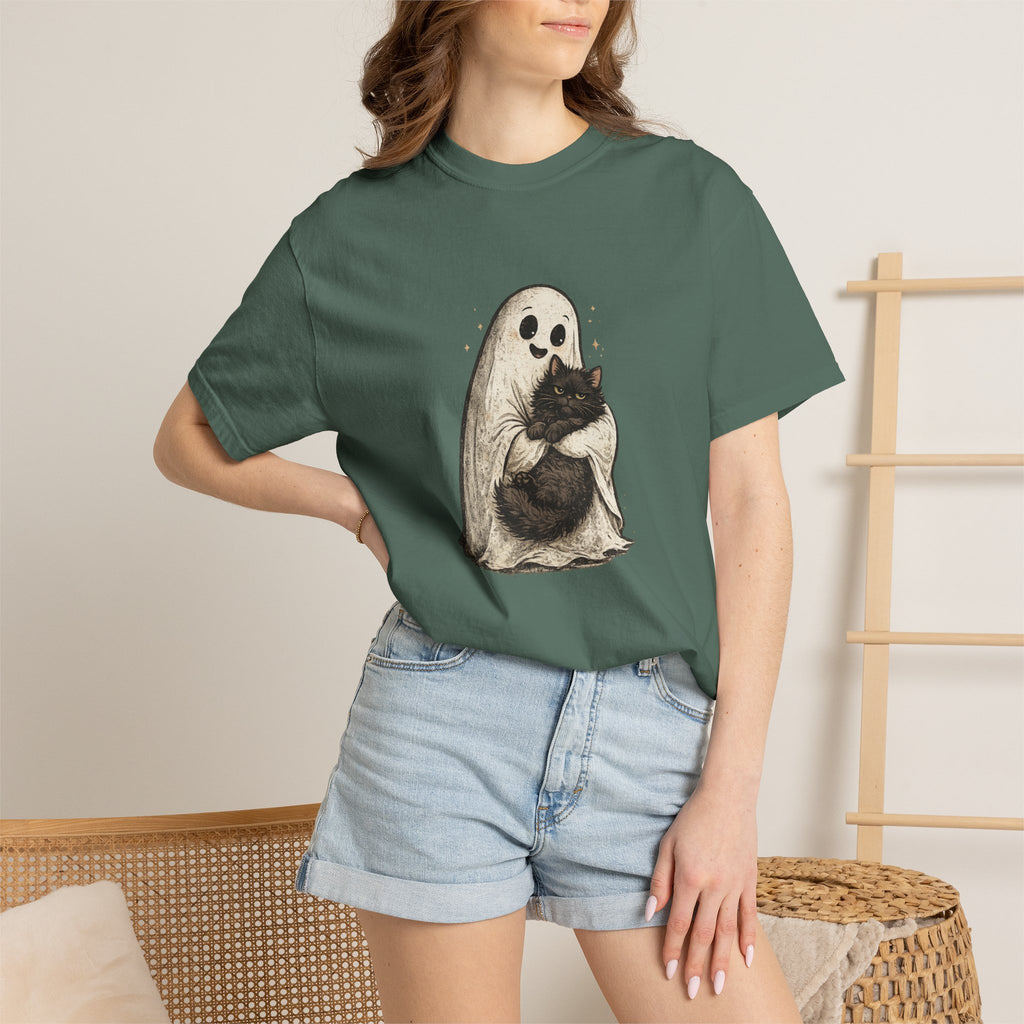 Boo & Meow Ghost Hugging Black Cat T-Shirt | Cute Spooky Tee
