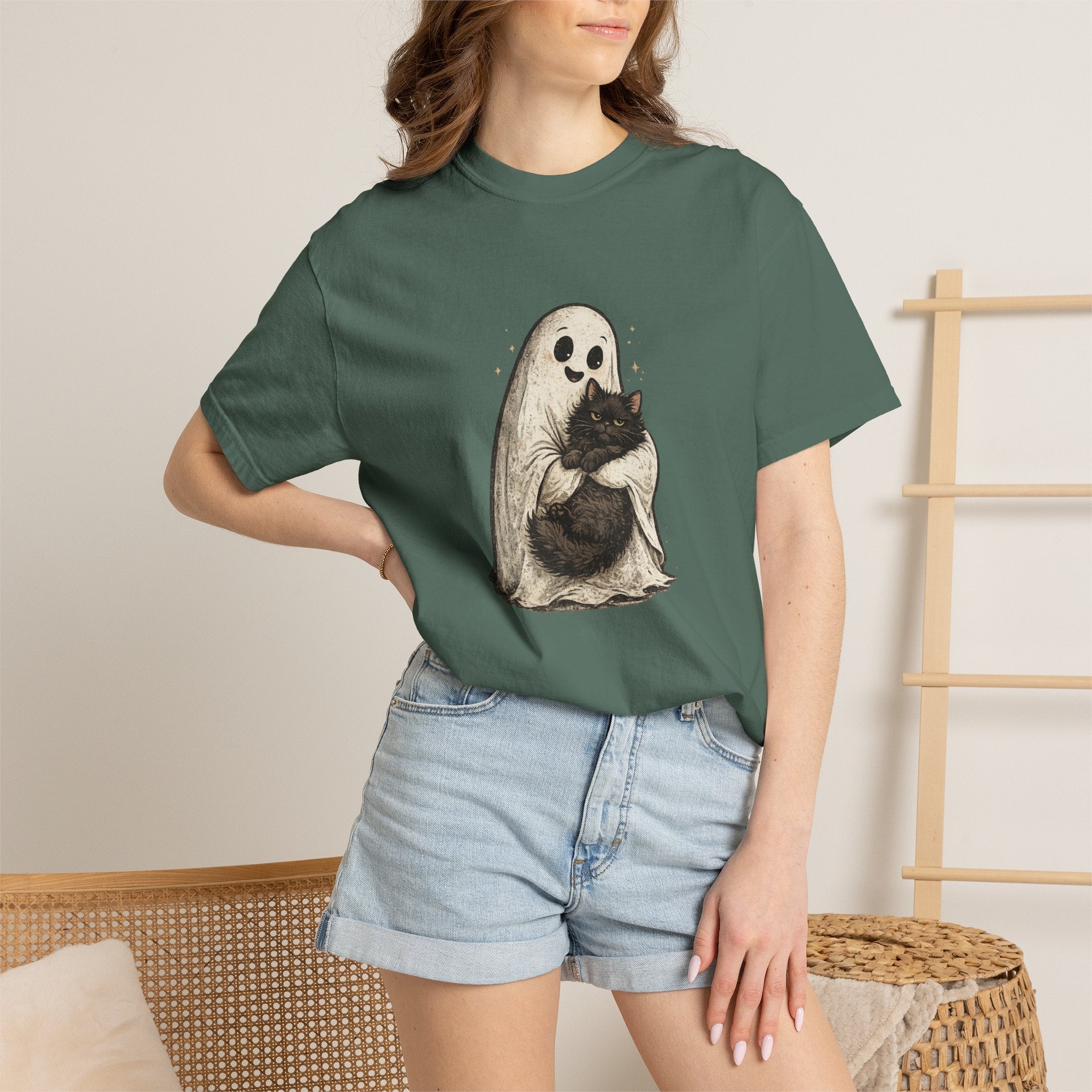 Boo & Meow Ghost Hugging Black Cat T-Shirt | Cute Spooky Tee