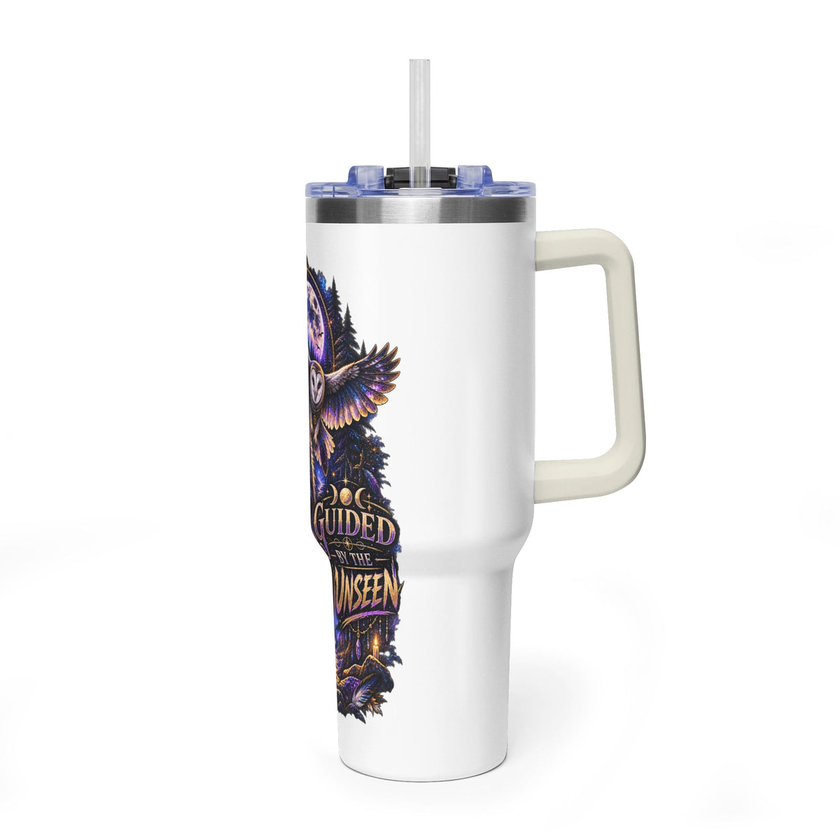 40oz Vacuum Tumbler — Wolf & Owl Spiritual Guide Stainless Travel Mug