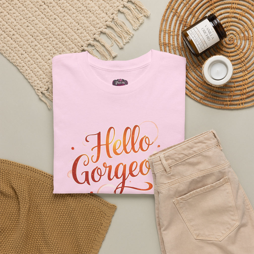 Hello Gorgeous Sunset T-Shirt — Feminine Script Graphic Tee