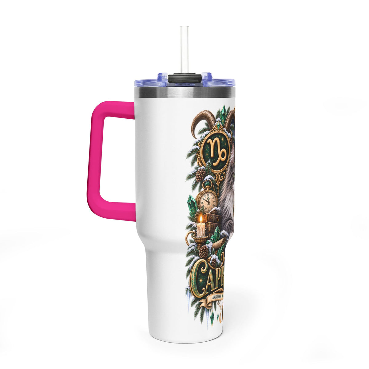 Capricorn Norwegian Forest Cat 40oz Vacuum Tumbler — Zodiac Travel Mug with Handle