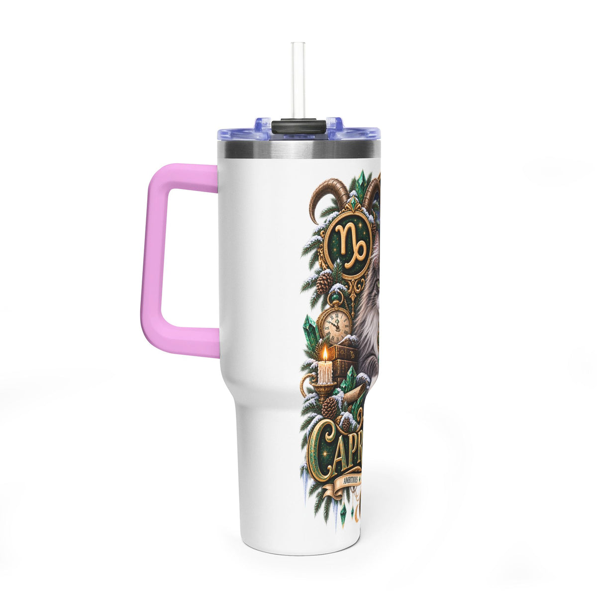 Capricorn Norwegian Forest Cat 40oz Vacuum Tumbler — Zodiac Travel Mug with Handle