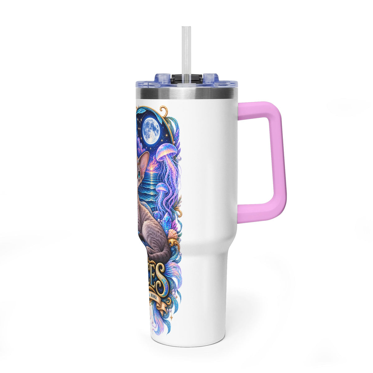 Pisces Devon Rex Cat 40oz Tumbler — Zodiac Vacuum Insulated Travel Cup