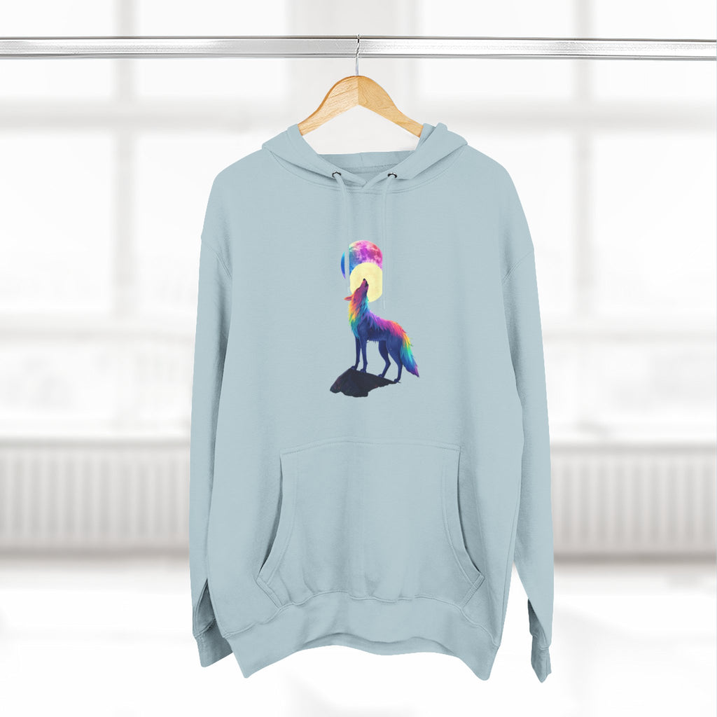 Rainbow Wolf Silhouette Hoodie | Colorful Moon Graphic