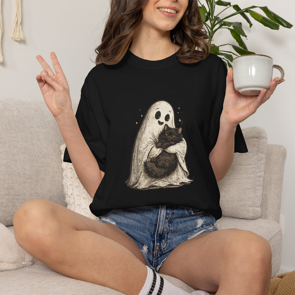Boo & Meow Ghost Hugging Black Cat T-Shirt | Cute Spooky Tee