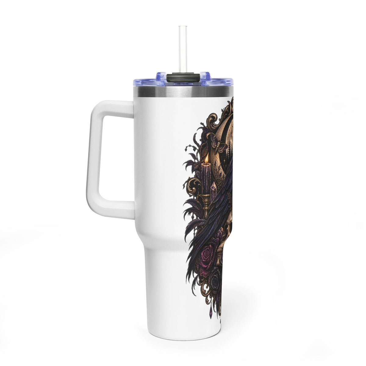 40oz Raven Skull Tumbler – Gothic Floral Vacuum Insulated Travel Mug