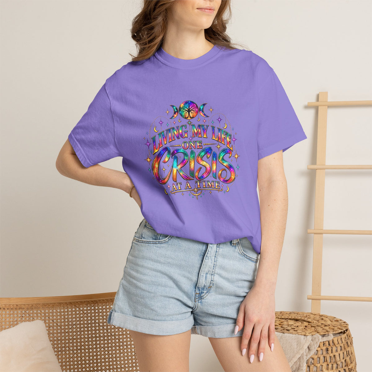 Graphic T-Shirt — "Living My Life One Crisis at a Time" Colorful Retro Tee