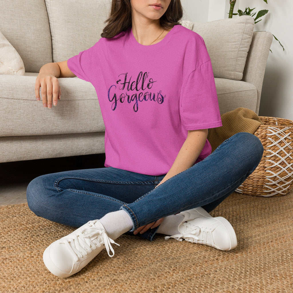 T-Shirt — "Hello Gorgeous" Purple Black Script Graphic Tee