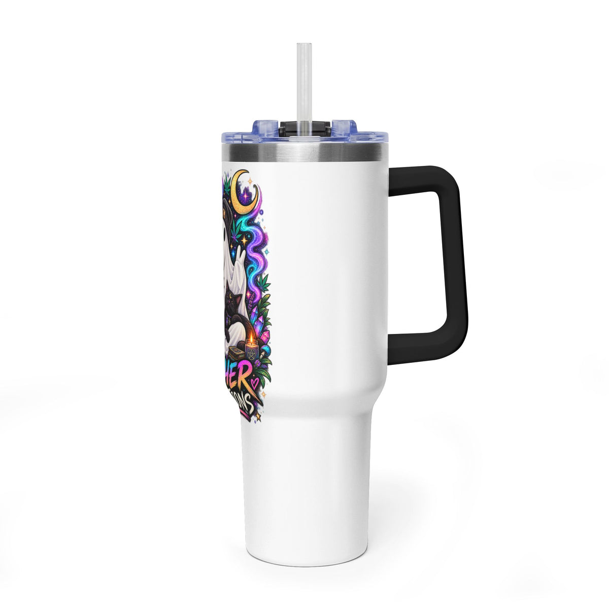 40oz Tumbler — "Higher Vibrations" Ghost & Cat Thermal Travel Mug