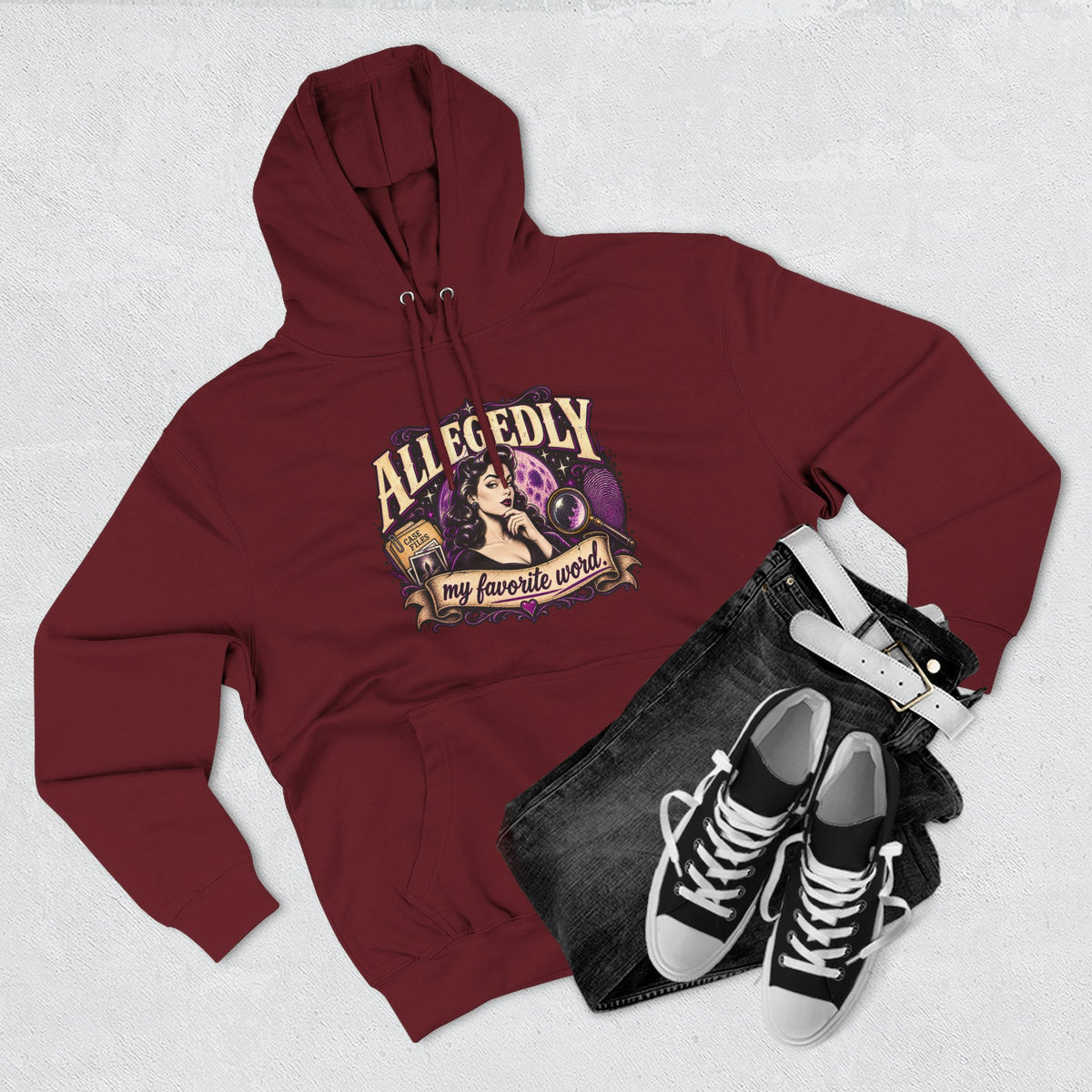 Hoodie — "Allegedly My Favorite Word" Retro Witch Graphic