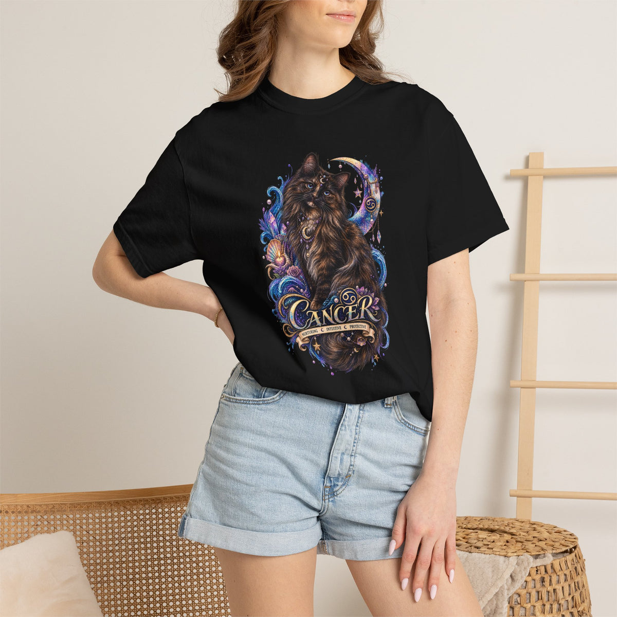 Cancer Zodiac T‑Shirt — Mystical Tortoiseshell   Cat Horoscope Design
