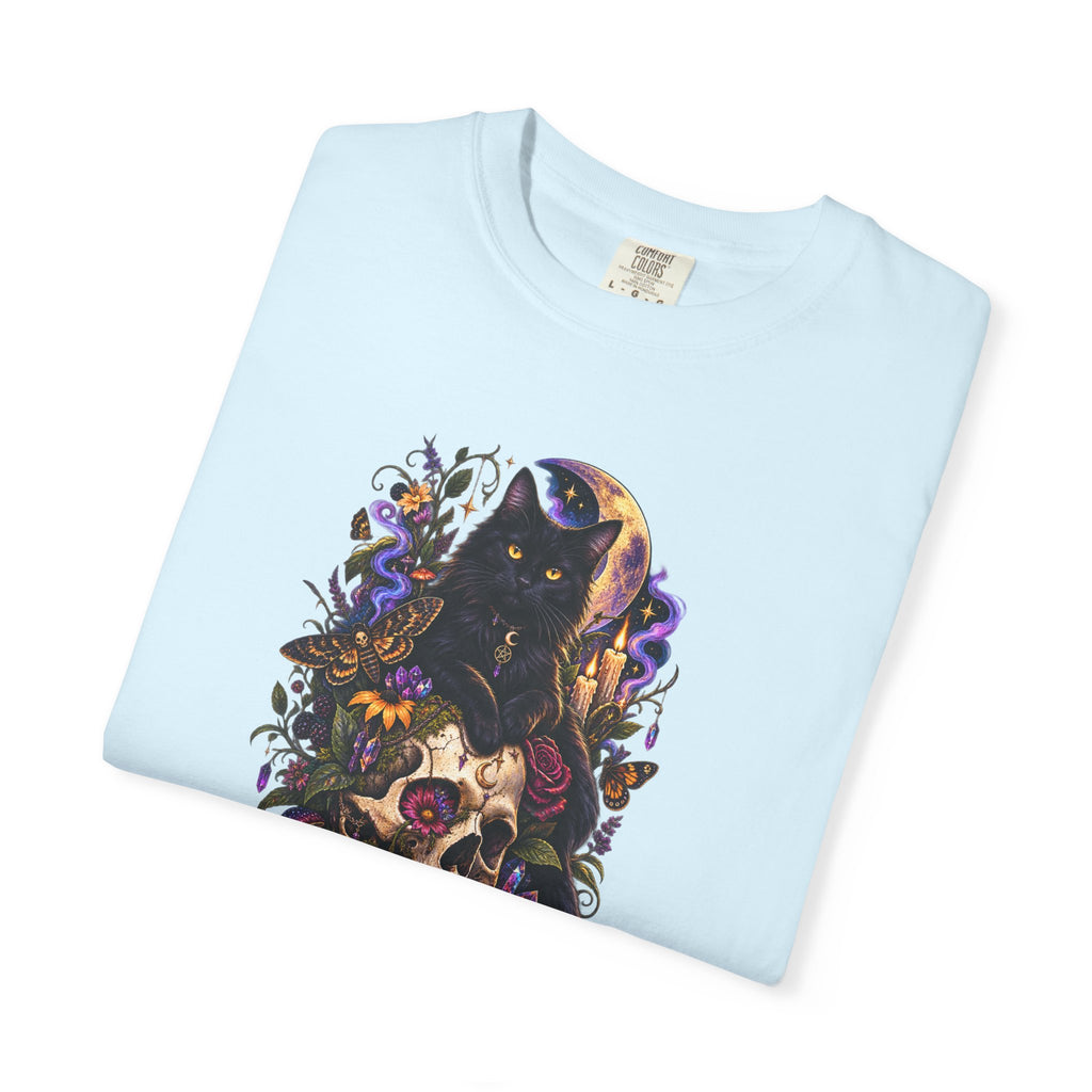 Skull & Black Cat Gothic T-Shirt — Dark Floral Day of the Dead Style