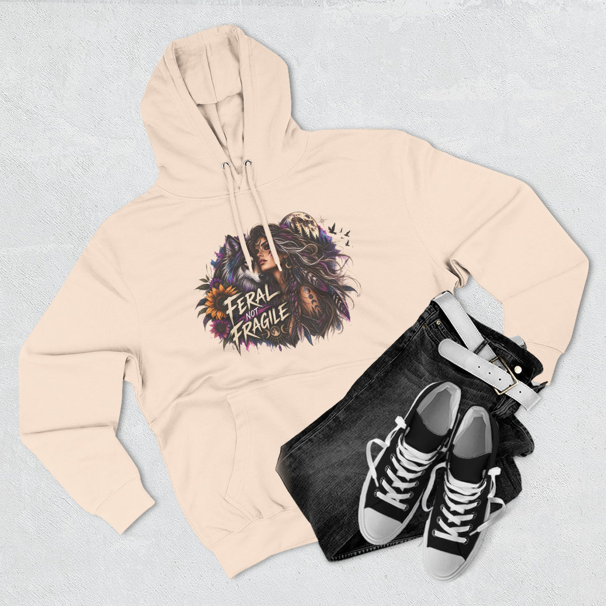 Feral Not Fragile Wolf & Woman Graphic Hoodie — Wildlife Fleece Pullover