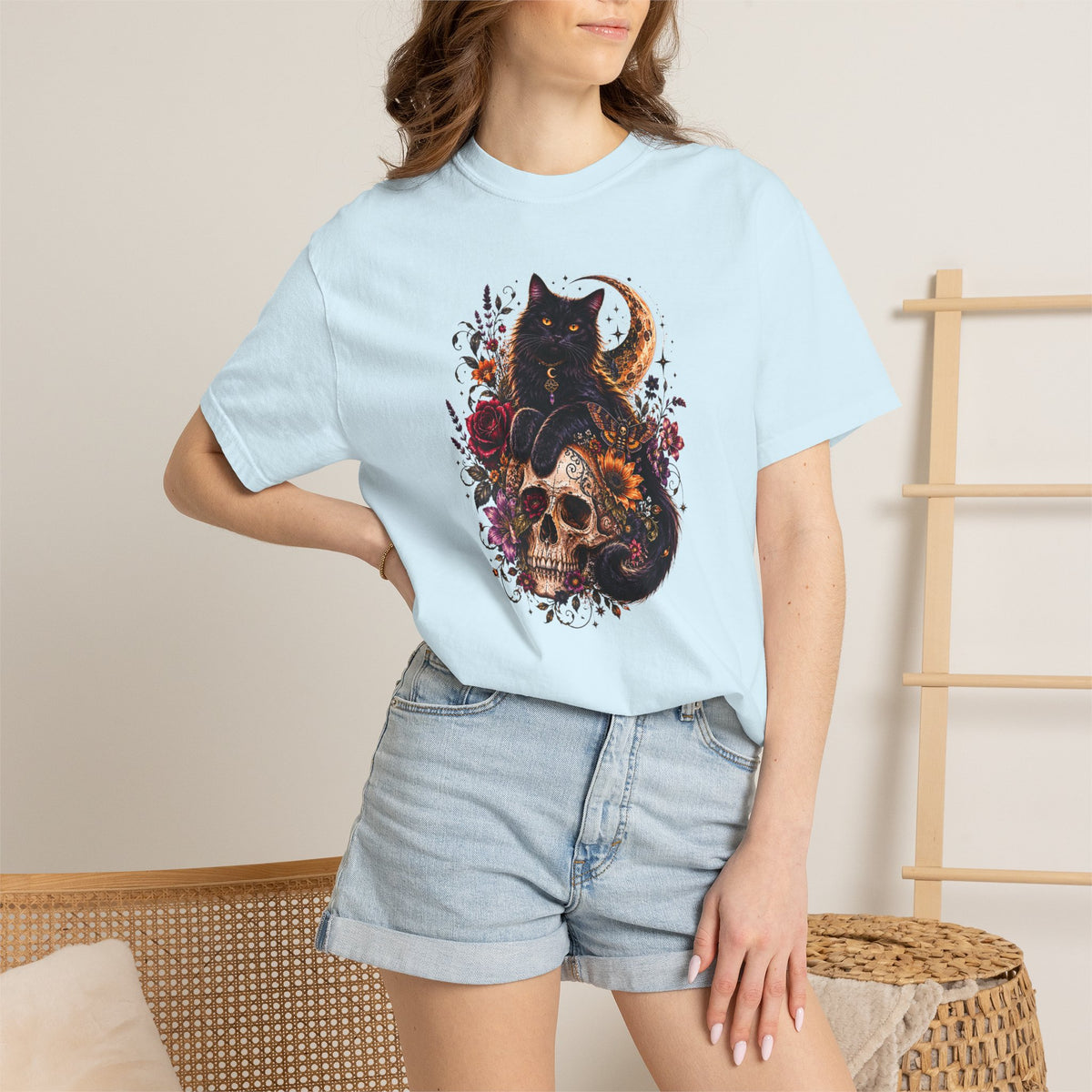 Cat & Skull Gothic T-Shirt — Black Cat Moon Floral Graphic Tee