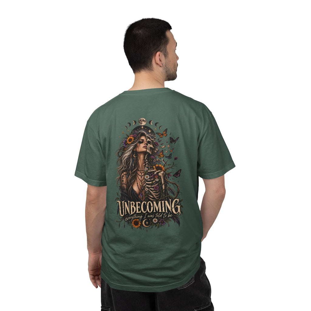 Unbecoming Gothic Moon T‑Shirt — Witchy Skeleton Art Tee