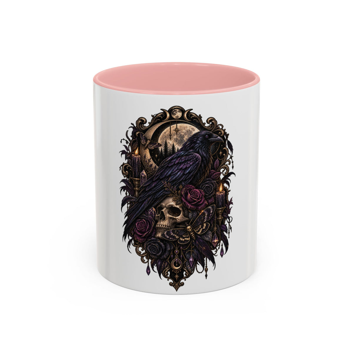 Gothic Raven & Skull Accent Coffee Mug — Dark Floral Occult Tea Cup