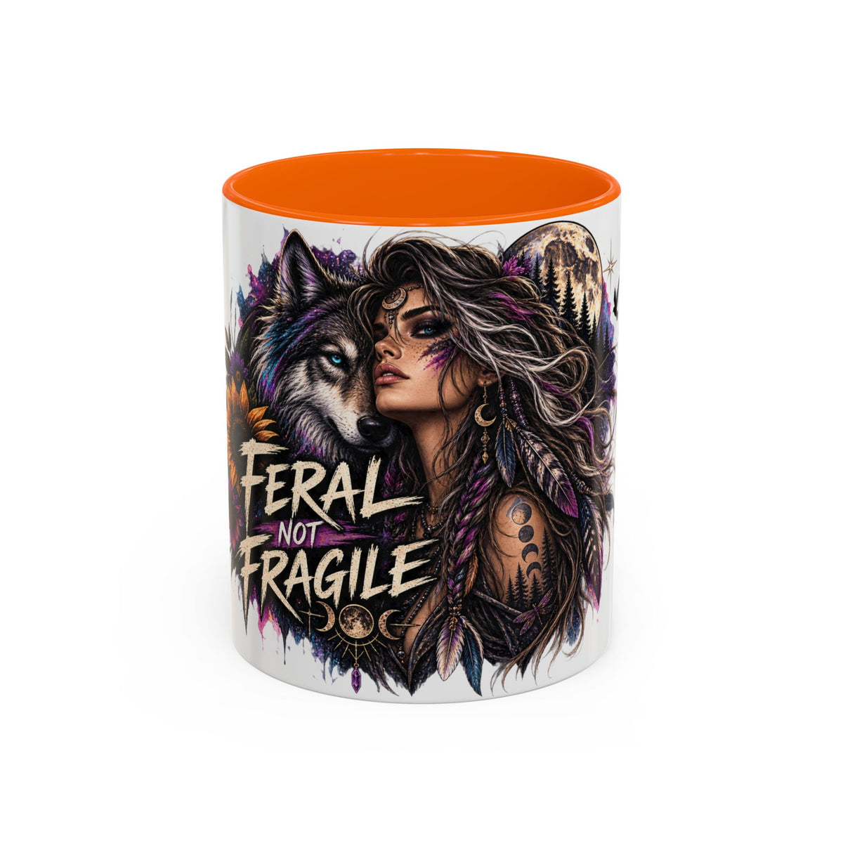 Feral Not Fragile Accent Coffee Mug — Wolf Goddess 11oz/15oz