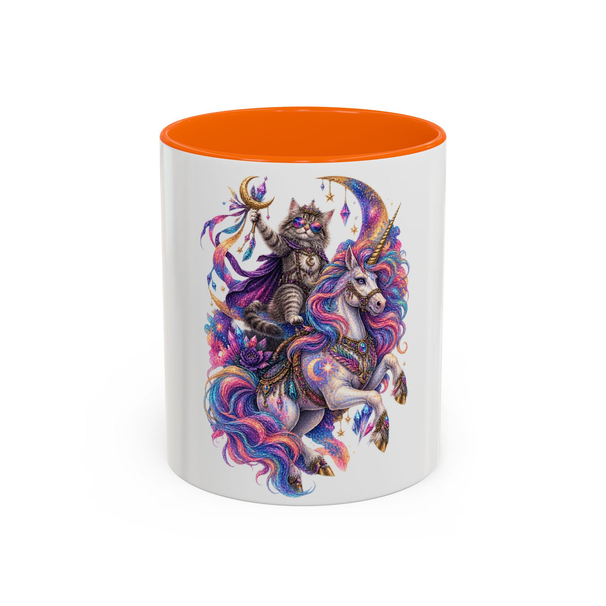Magical Cat Knight on Unicorn Accent Coffee Mug — Colorful Fantasy 11/15oz