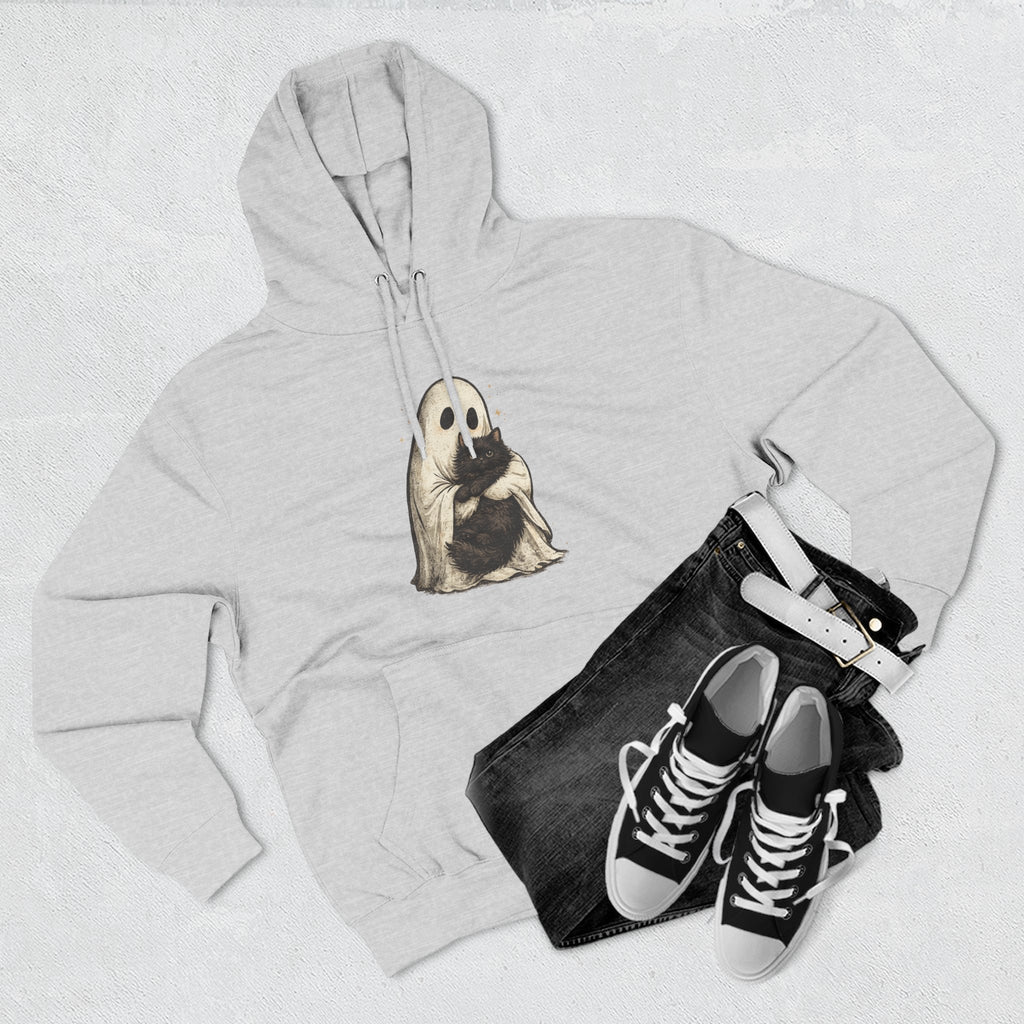 Ghost Hugging Black Cat Fleece Hoodie — Cute Ghost Hugging Black Cat Cozy Pullover