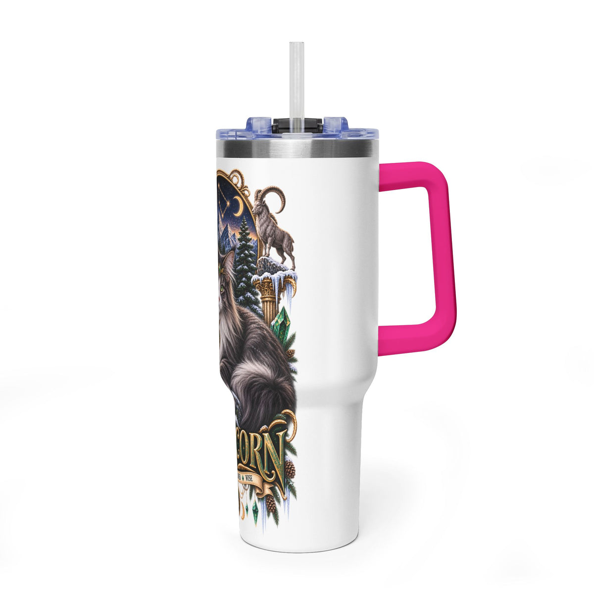 Capricorn Norwegian Forest Cat 40oz Vacuum Tumbler — Zodiac Travel Mug with Handle