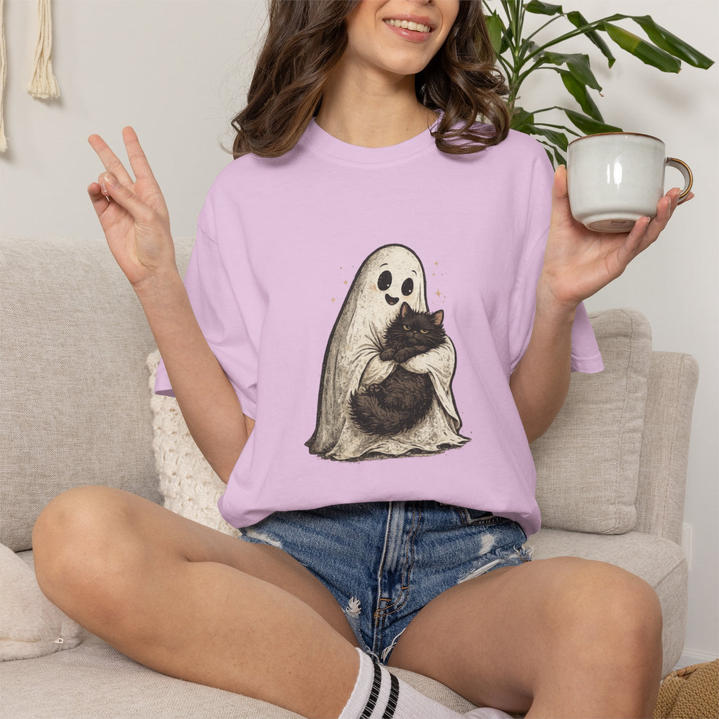 Boo & Meow Ghost Hugging Black Cat T-Shirt | Cute Spooky Tee
