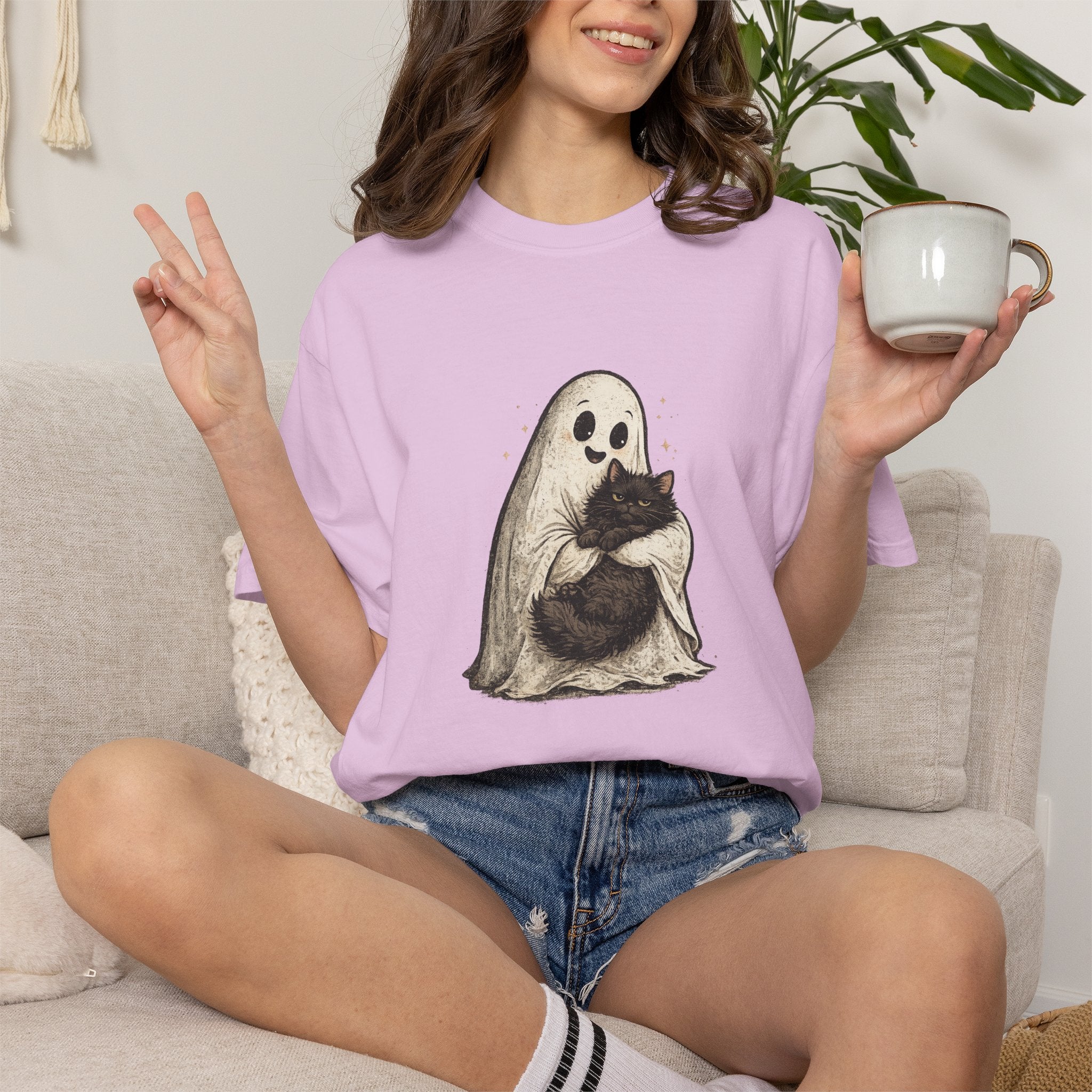 Boo & Meow Ghost Hugging Black Cat T-Shirt | Cute Spooky Tee