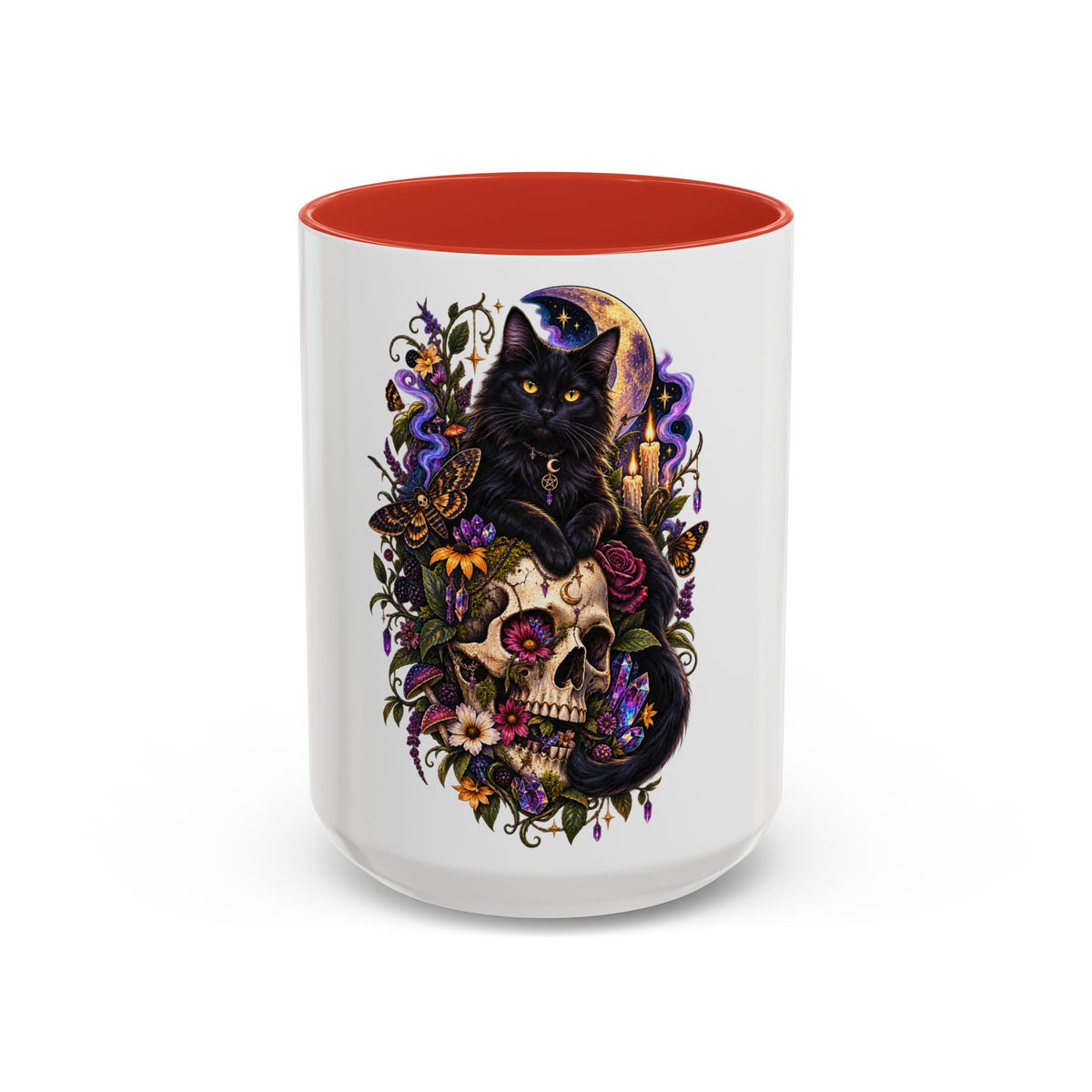 Black Cat & Skull Floral Accent Coffee Mug — Gothic Halloween Coffee Cup (11/15oz)
