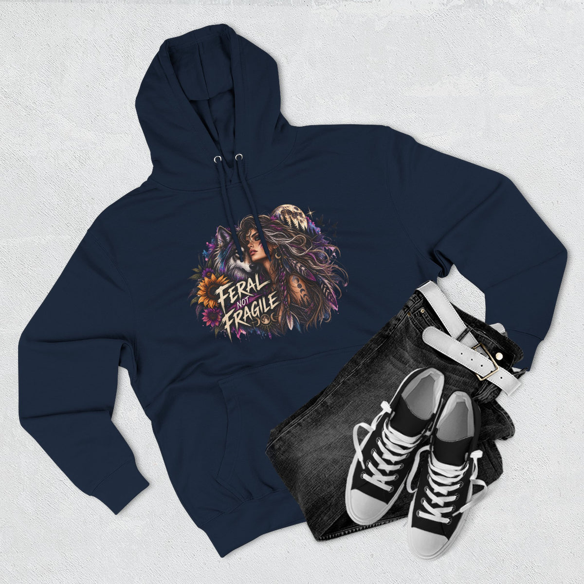 Feral Not Fragile Wolf & Woman Graphic Hoodie — Wildlife Fleece Pullover