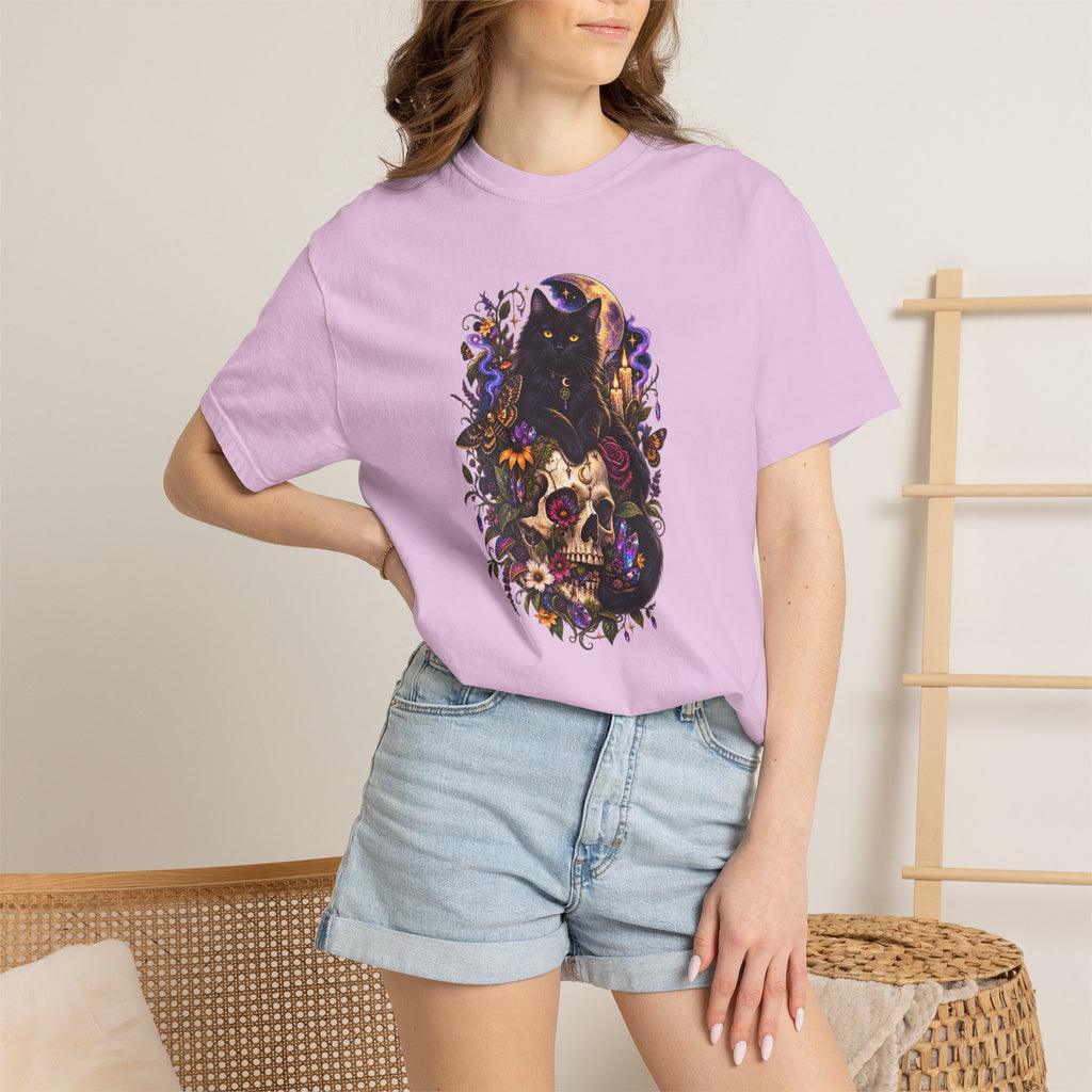 Skull & Black Cat Gothic T-Shirt — Dark Floral Day of the Dead Style