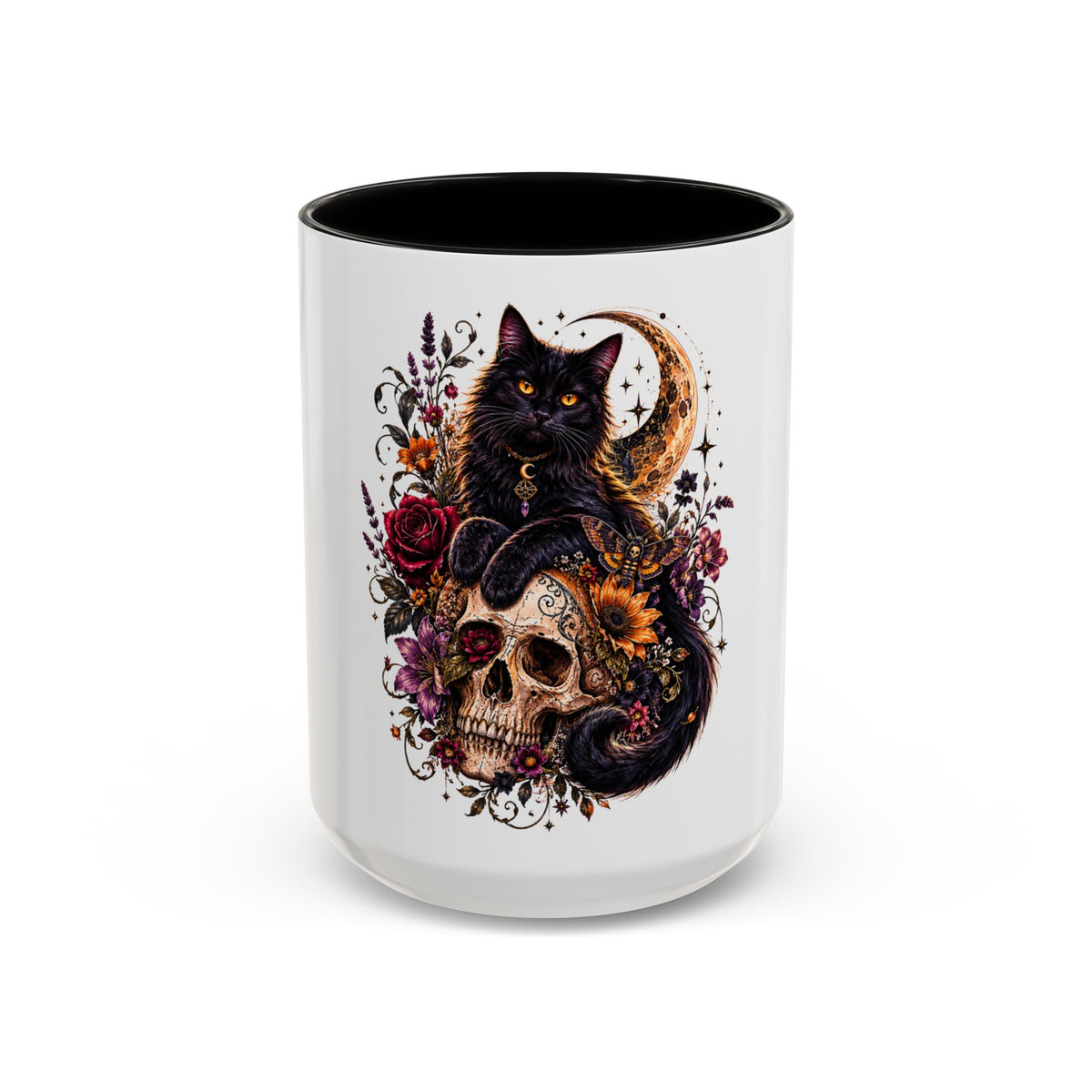 Cat & Skull Accent Coffee Mug — Gothic Black Cat Art Coffee Cup (11/15oz)