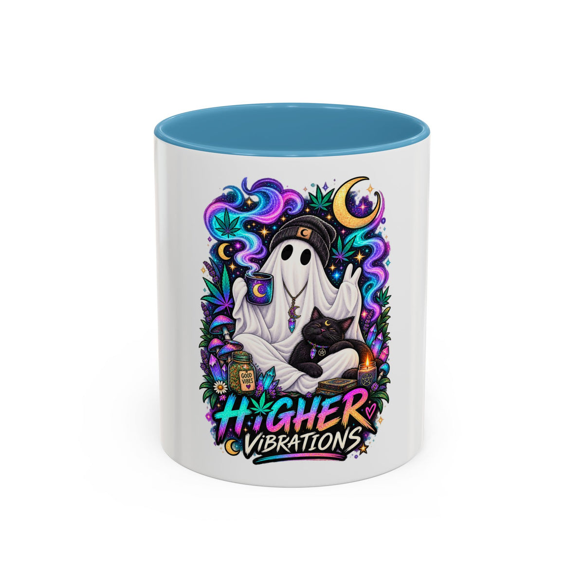 Higher Vibrations Coffee Mug — Cute Ghost & Cat Accent Mug (11/15 oz)
