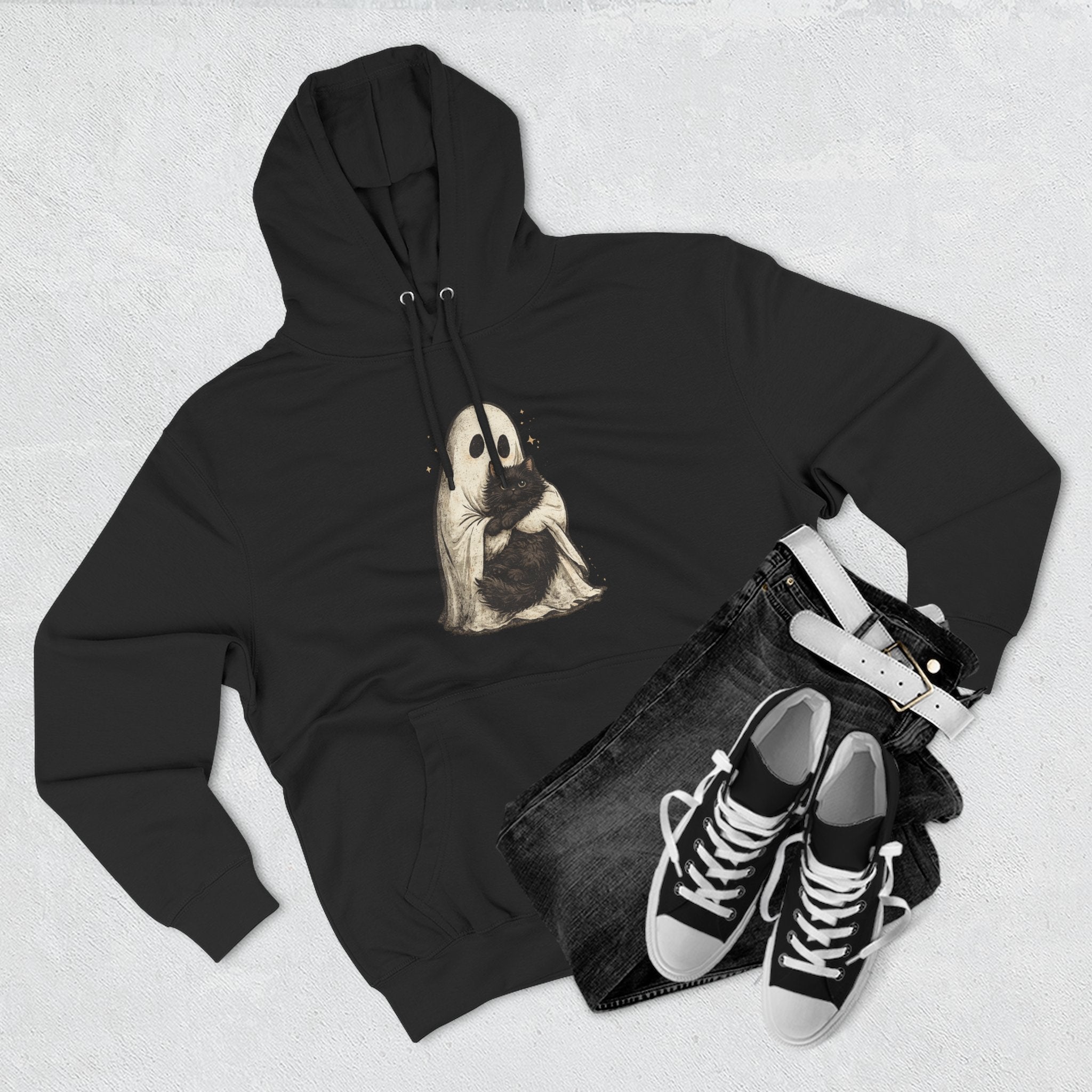 Ghost Hugging Black Cat Fleece Hoodie — Cute Ghost Hugging Black Cat Cozy Pullover