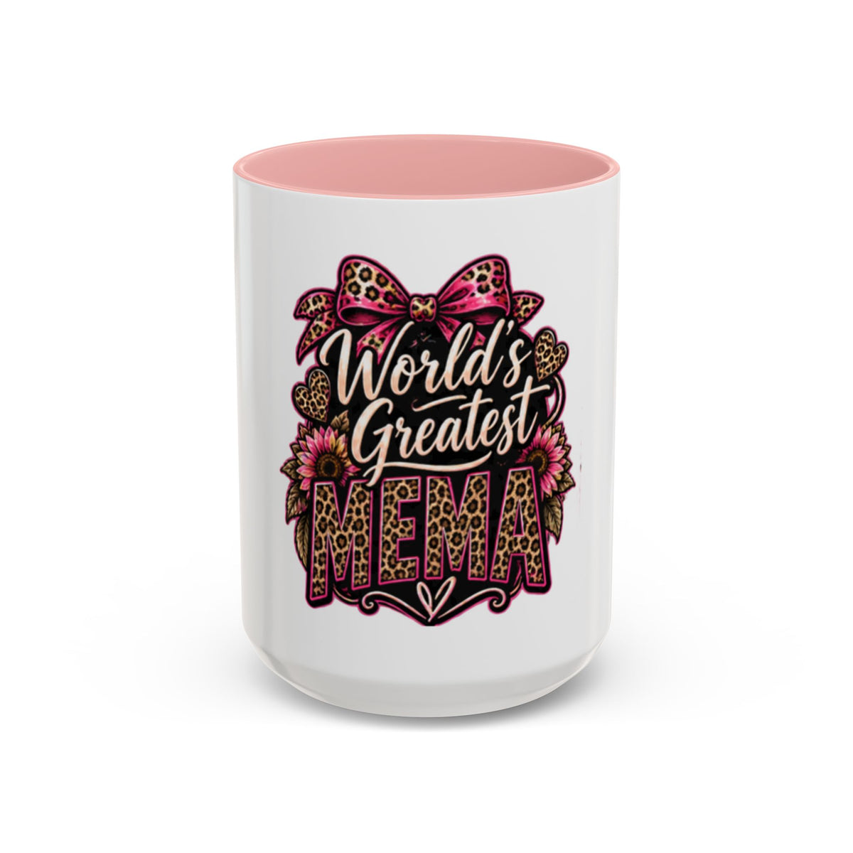 World's Greatest Mema Accent Coffee Mug – Leopard Pink Bow Gift for Grandma (11/15 oz)
