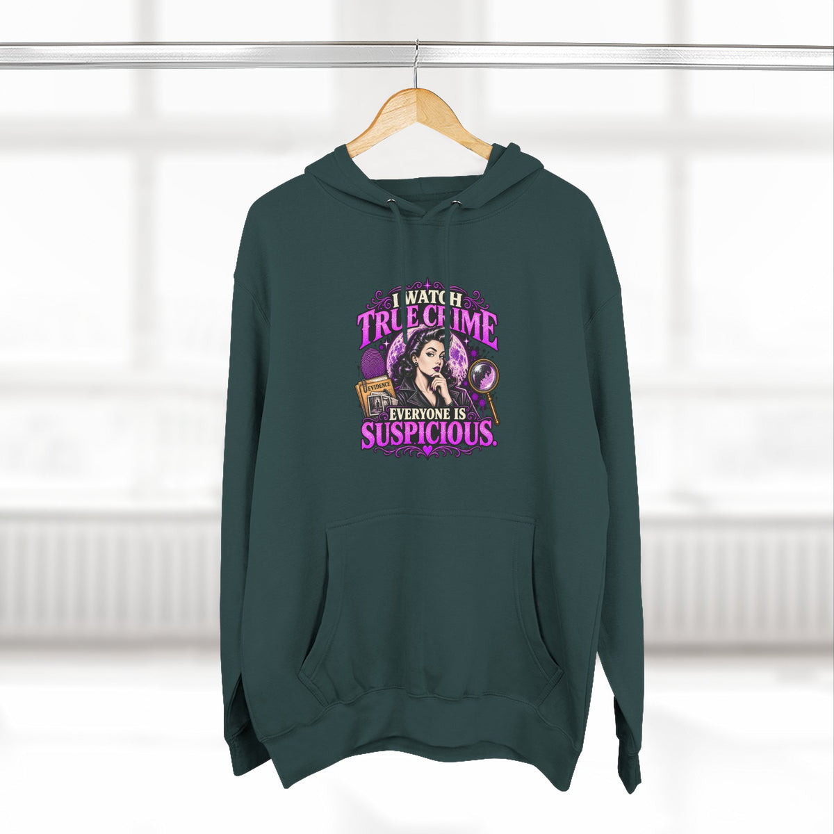 True Crime Hoodie — “Everyone Is Suspicious” Graphic Pullover