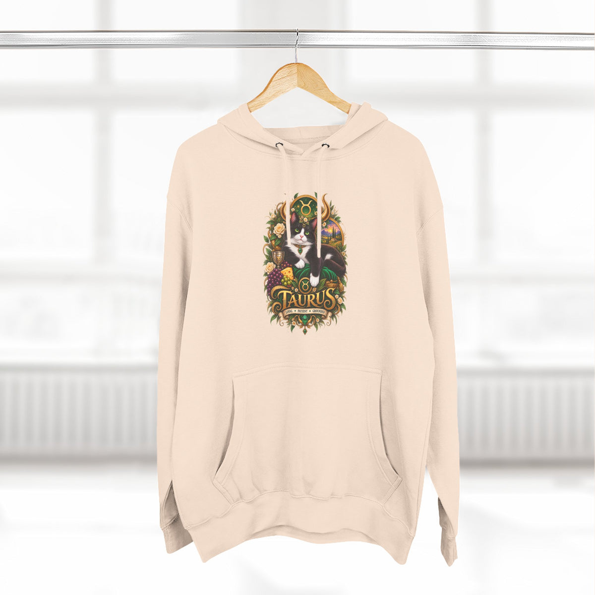 Taurus Tuxedo Cat Zodiac Hoodie — Earthy Bull Constellation Graphic Fleece Pullover