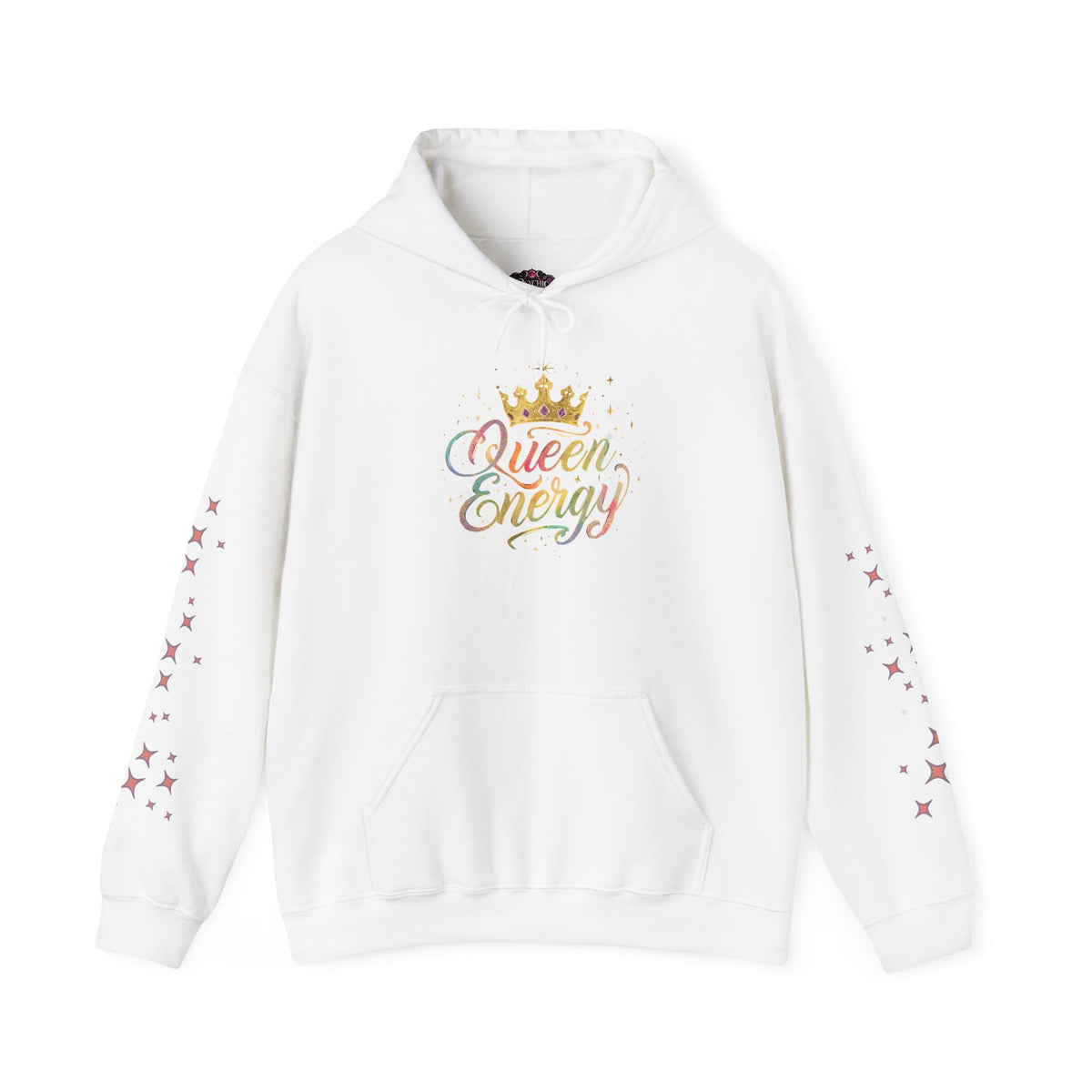 Queen Energy Hoodie — Feminine Crown Graphic Pullover with Star Sleeve Accents